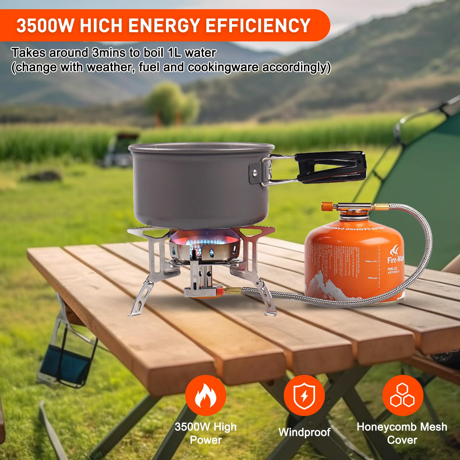 Kuchenka kempingowa 3500 W, mała, składana, z zapłonem piezoelektrycznym, składana szyba przednia, adapter do kuchenki gazowej, mini palnik gazowy na zewnątrz, piknik, trekking, podróż