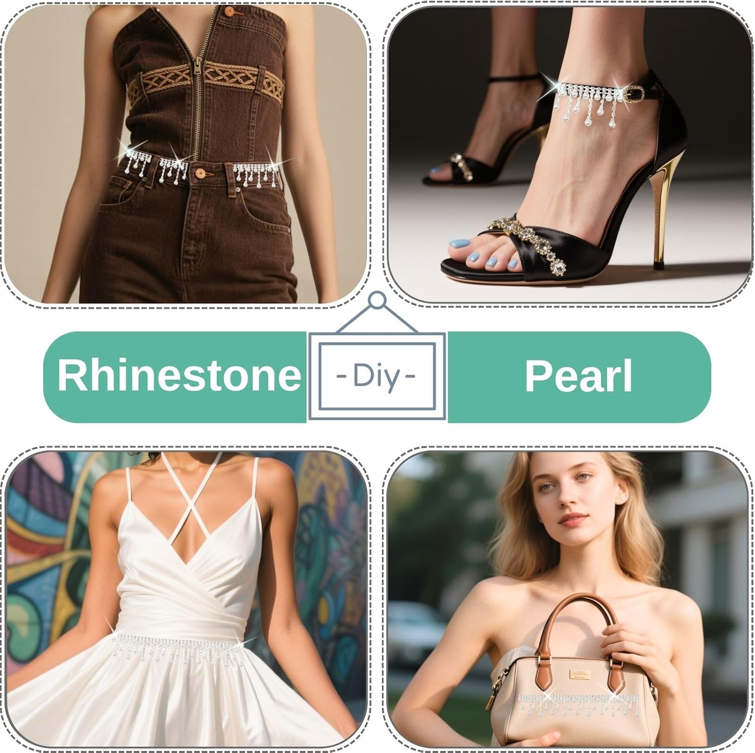 PEARLY JUN 2 Yards Pearl Rhinestone Trim Chain Silver Crystal Fringe Diamond Applique Ribbon String Tassel Strip for Sewing Wedding Dress Crafting Crafts Flower Embellishments