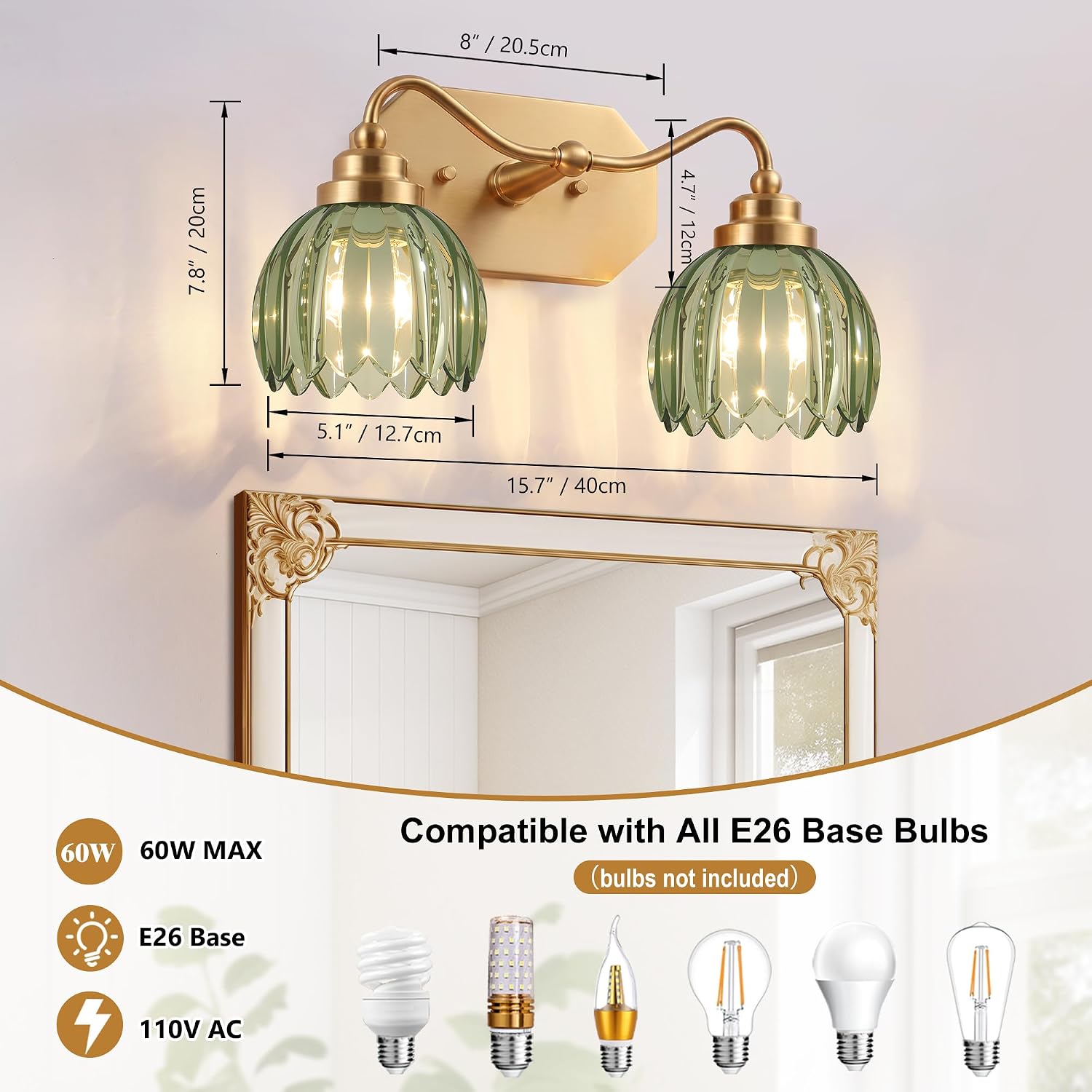 Vintage Gold Vanity Lights, 2-Light Green Tulip, Antique Brass Finish image 3
