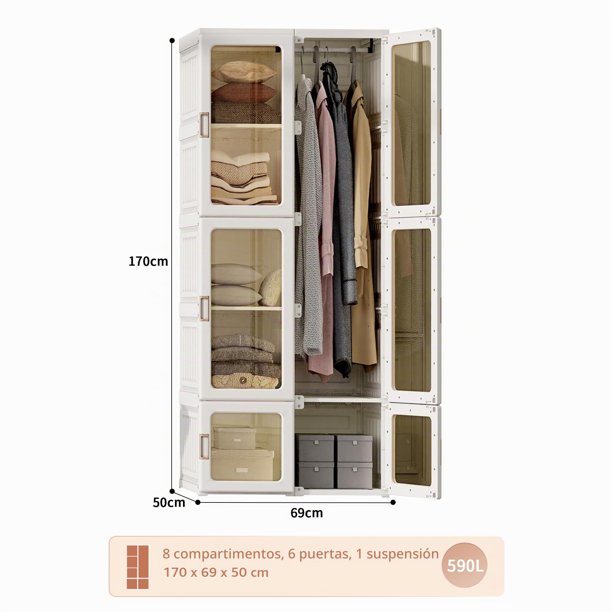 Armario de Dormitorio Plegable,Armarios Plegables de Plastico con 10 Compartimentos Armario Modular con 6 Puertas Roperos de Dormitorio Armarios Para Ropa Exterior Armarios Individual (170x69x50cm)