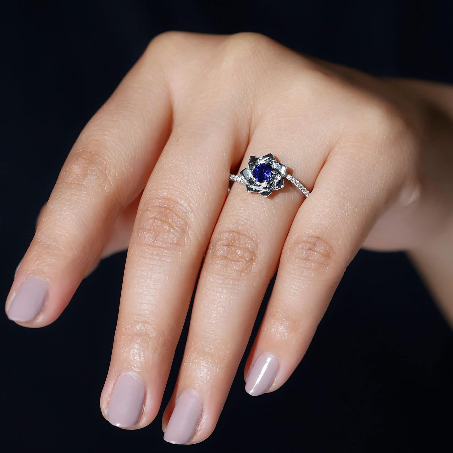 Certified Lab Grown Blue Sapphire Rose Flower Engagement Ring, Aaaa Quality, Blue Sapphire Diamond Ring (Ideal for Gift)