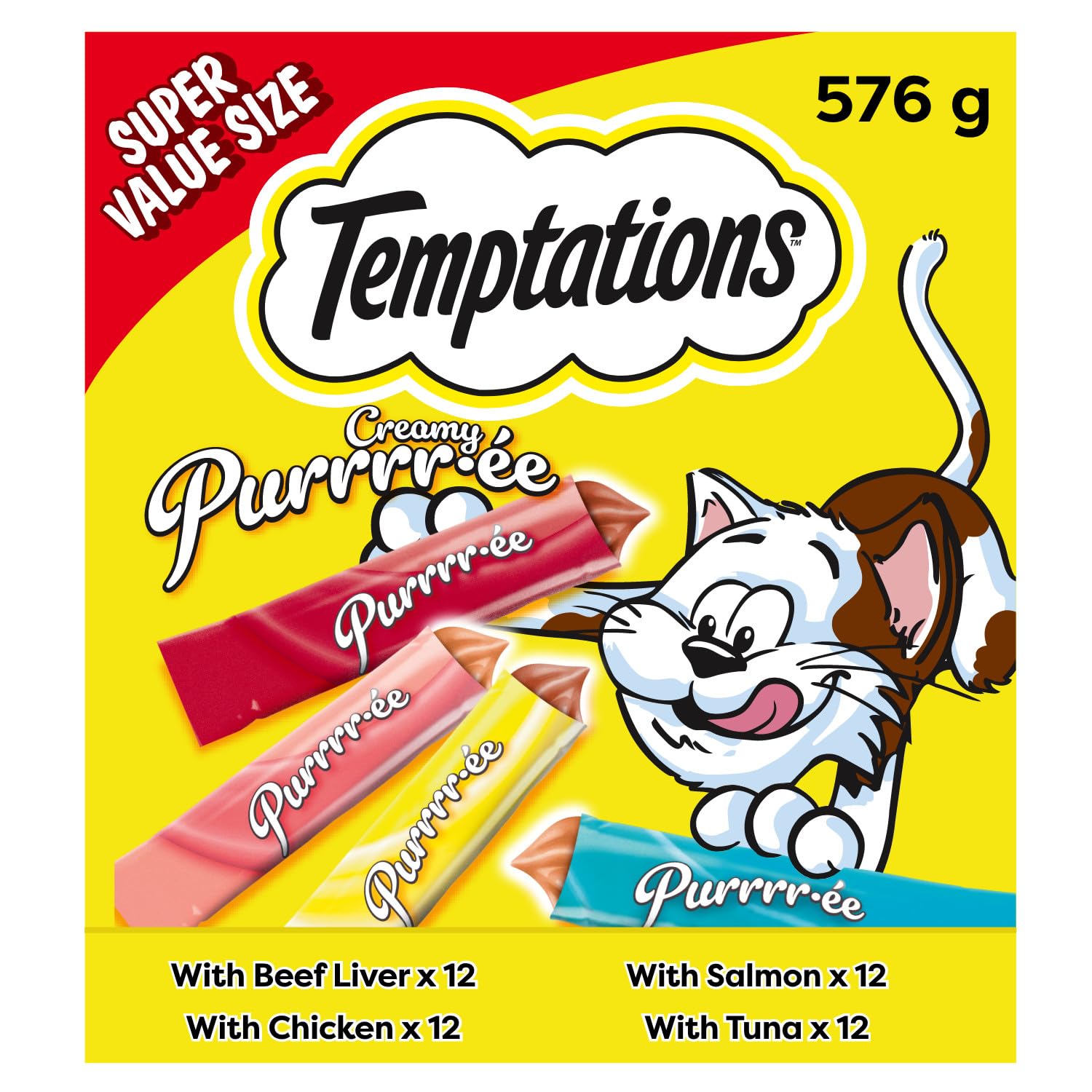 Temptations Creamy Puree Adult Lickable Cat Treats with Beef Liver, & Salmon, & Chicken & Tuna Variety Pack, 48 Pouches, 576g image 7