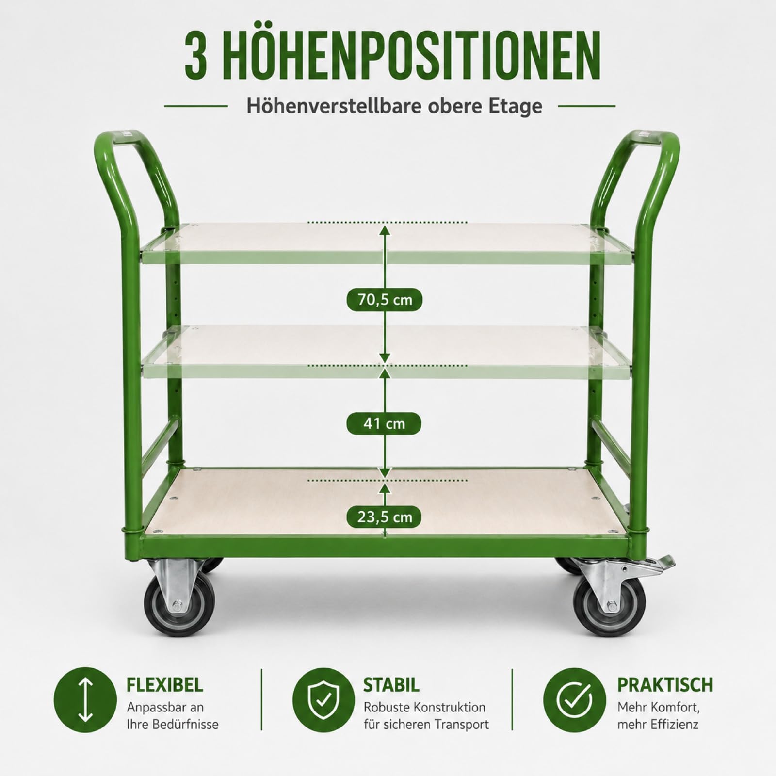 TRUTZHOLM Etagenwagen Tragkraft 250 kg Stahlrahmen 2 Etagen höhenverstellbar pannensichere Vollgummiräder mit 2 Feststellbremsen Transportwagen Tischwagen Plattformwagen Handwagen Schiebewagen