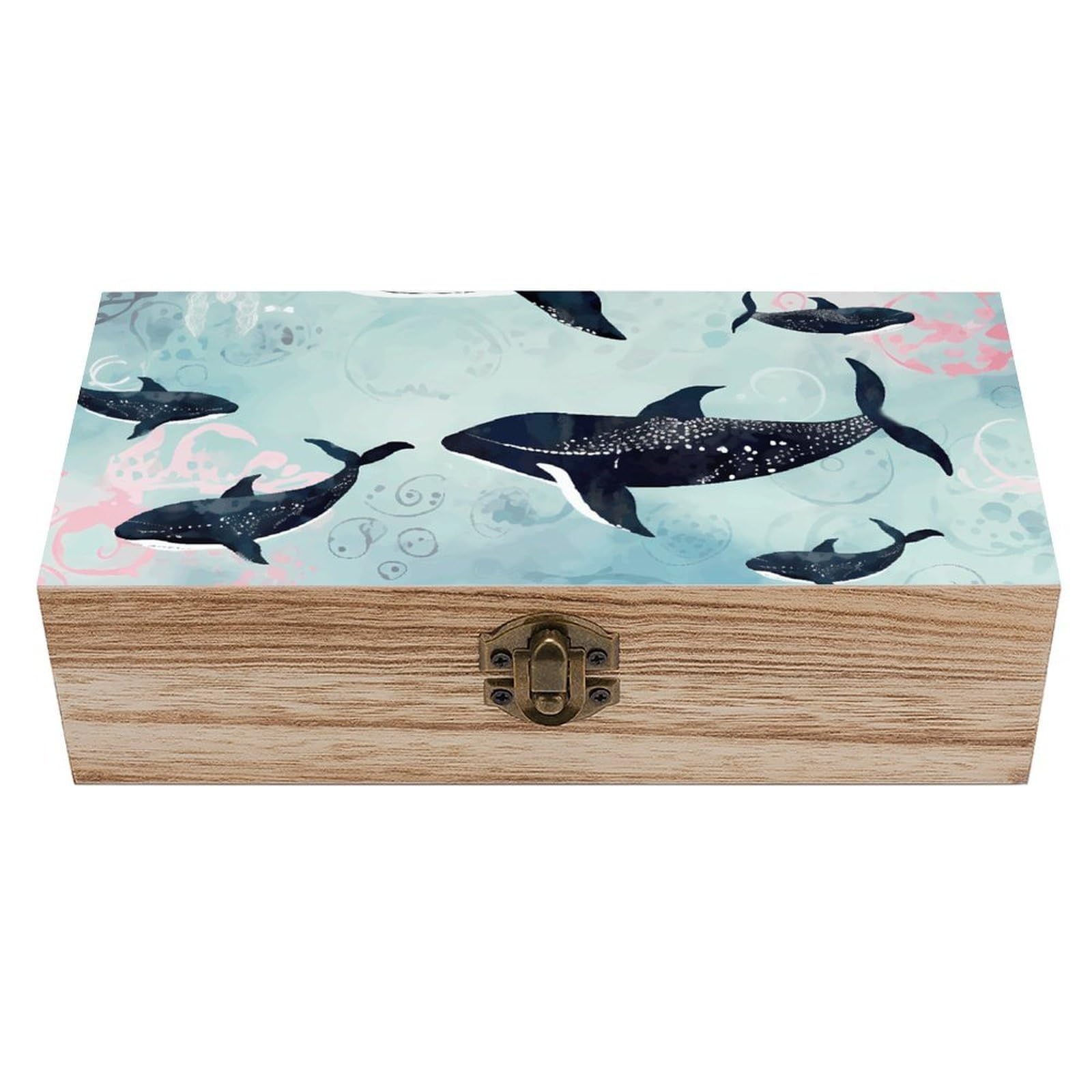 Wooden Storage Box Whale Wood Gift Box with Hinged Lid Vintage Decorative Jewelry Boxes Memory Box for Jewelry Art Hobbies Home Storage Treasure Keepsake Gift 7.9''x3.9''x2.3''
