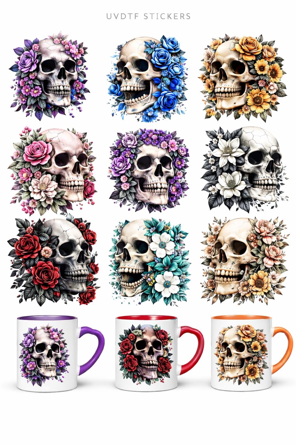 Floral Skull UV DTF Cup Wrap Transfer Stickers, 2.5x2.5 Inch, Waterproof Decals for Mugs, Water Bottles, Laptops, Pack of 9