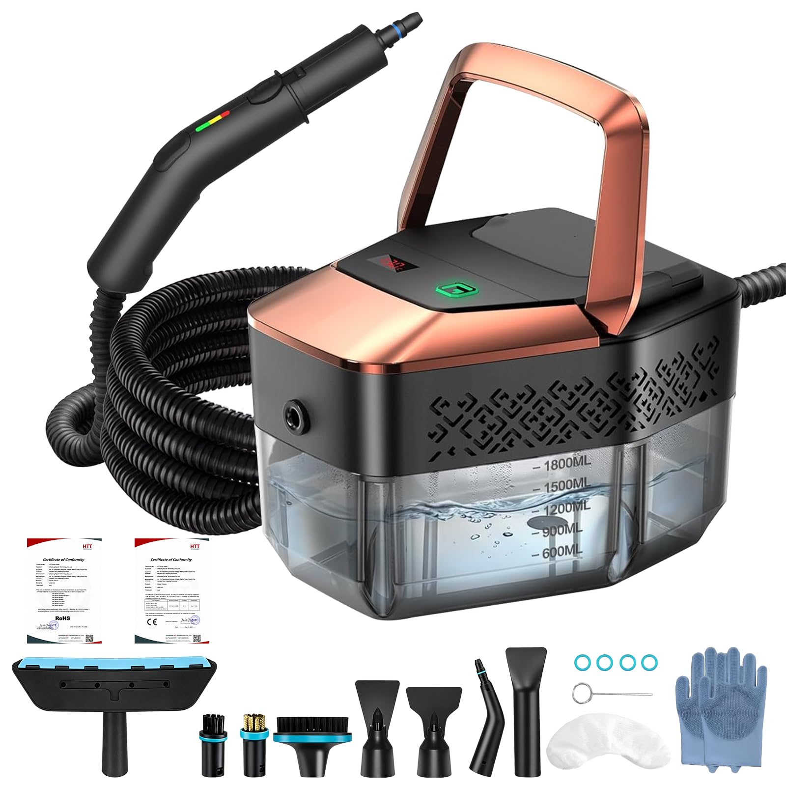 Limpiador a vapor de mano de 1,25 l, depósito de 4 bares, alta presión | Inicio rápido 15S, 6 niveles de vapor, contra la grasa y el moho