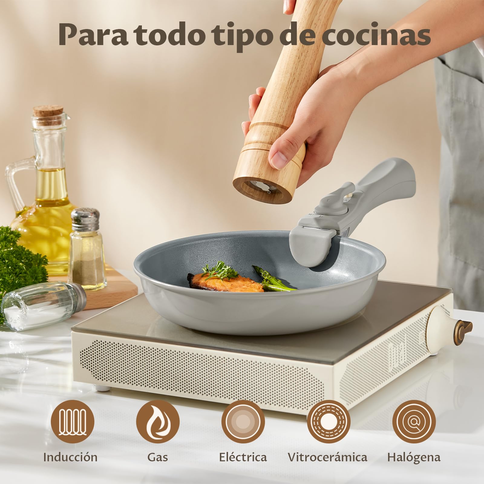 BLAZANT Juego de Sartenes de Cerámica 7 Piezas con Mango Extraíble | Sartenes 20/24/28 cm para Cocinas Pequeñas, Camping y Caravana | Apilables, Inducción, Horno hasta 240°C, Sin PFAS