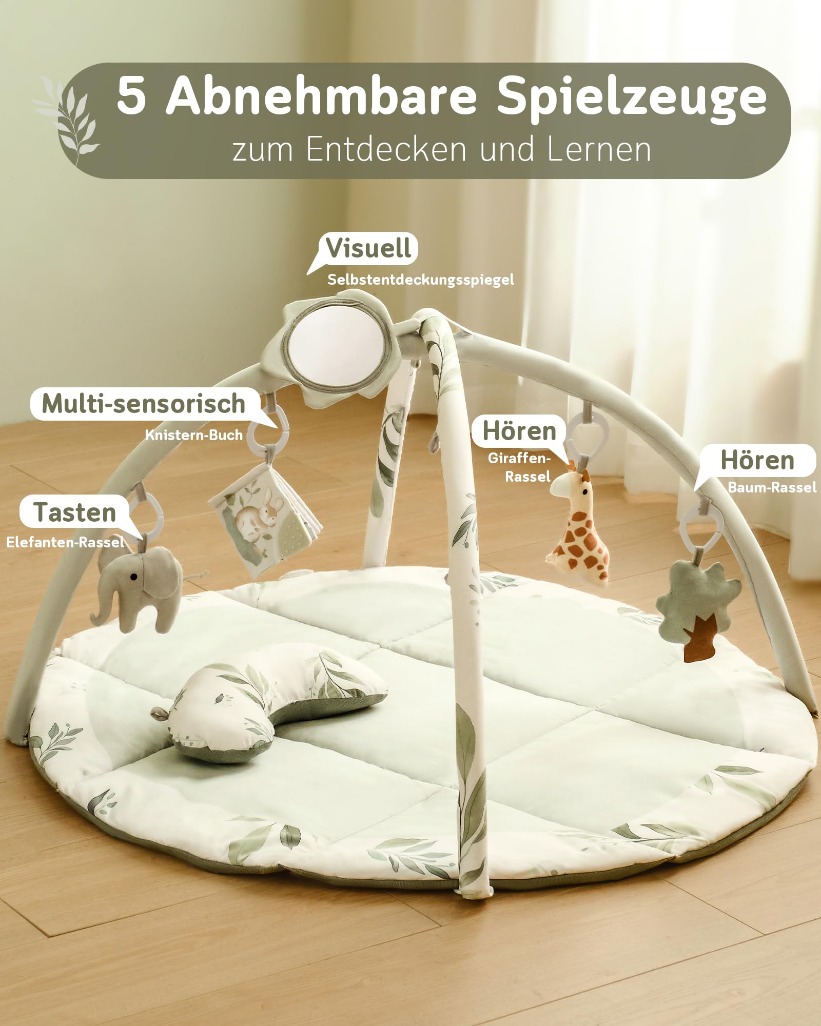 Fortella Spielbogen Baby, Spielmatte mit Bauchzeit Kissen und 5 Sensorik Spielzeug Abnehmbarem,Naturthemen Krabbeldecke für Babys ab der Geburt, Neugeborene & Kinder, 0-6-9-12 Monate-Salbeigrün