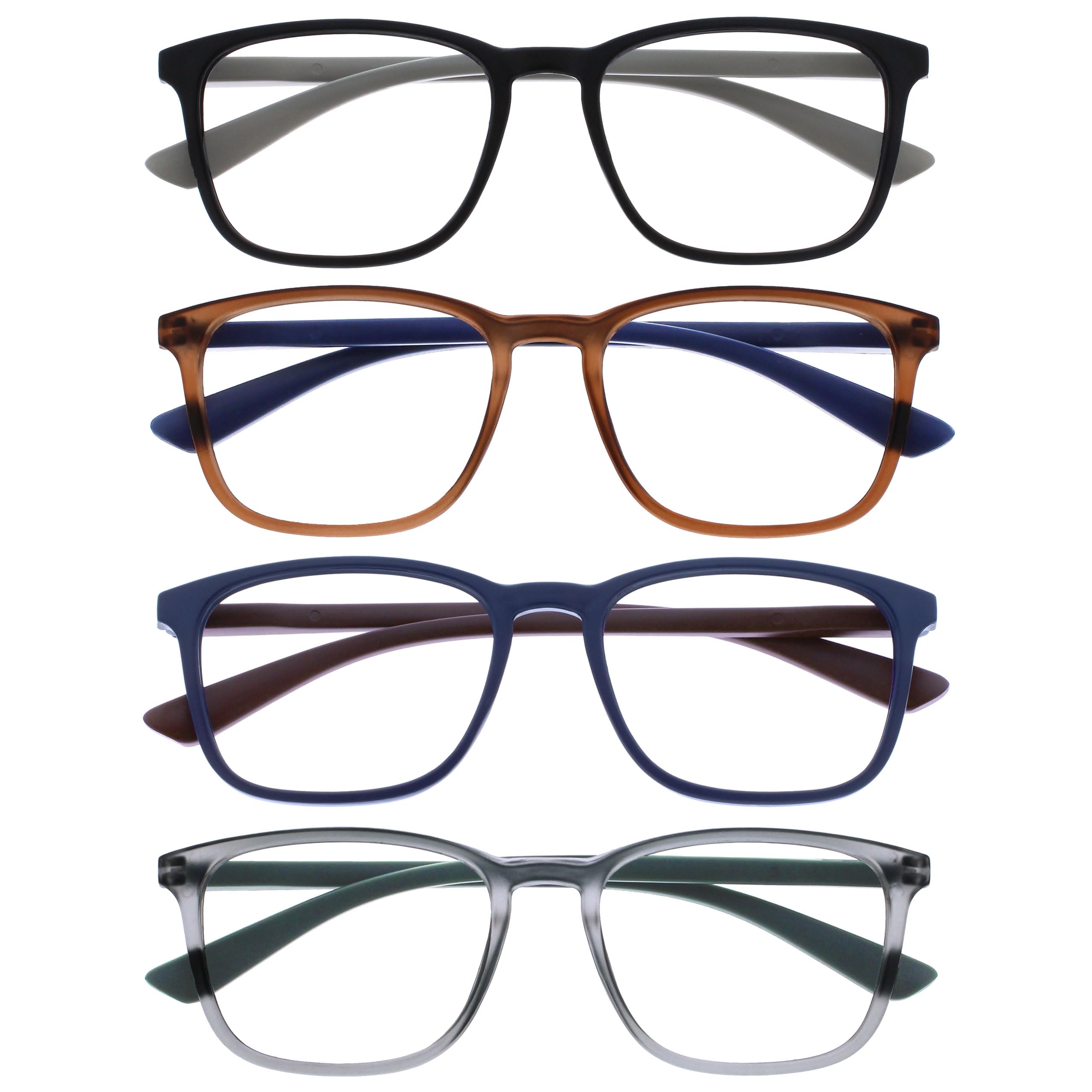 OPULIZE Max Reading Classes 4 Pack, Classic Large Rectangular Frame, Matt Black Brown Blue Grey, Men's Women's Unisex