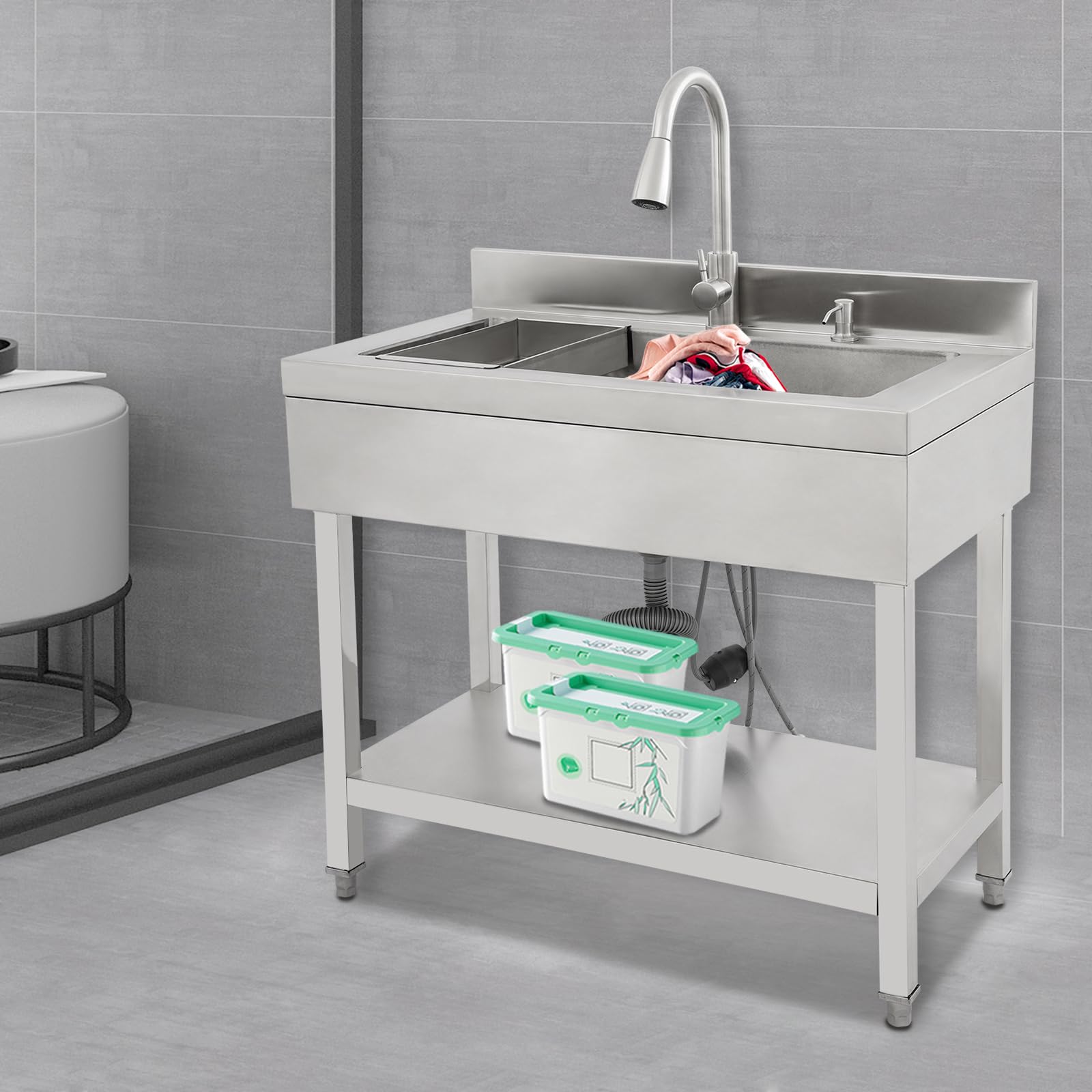 Fregadero de cocina de acero inoxidable independiente, 1 lavabo, fregadero de cocina comercial con grifo con mangueras de agua fría y caliente, fregadero para exteriores, para garaje, lavandería