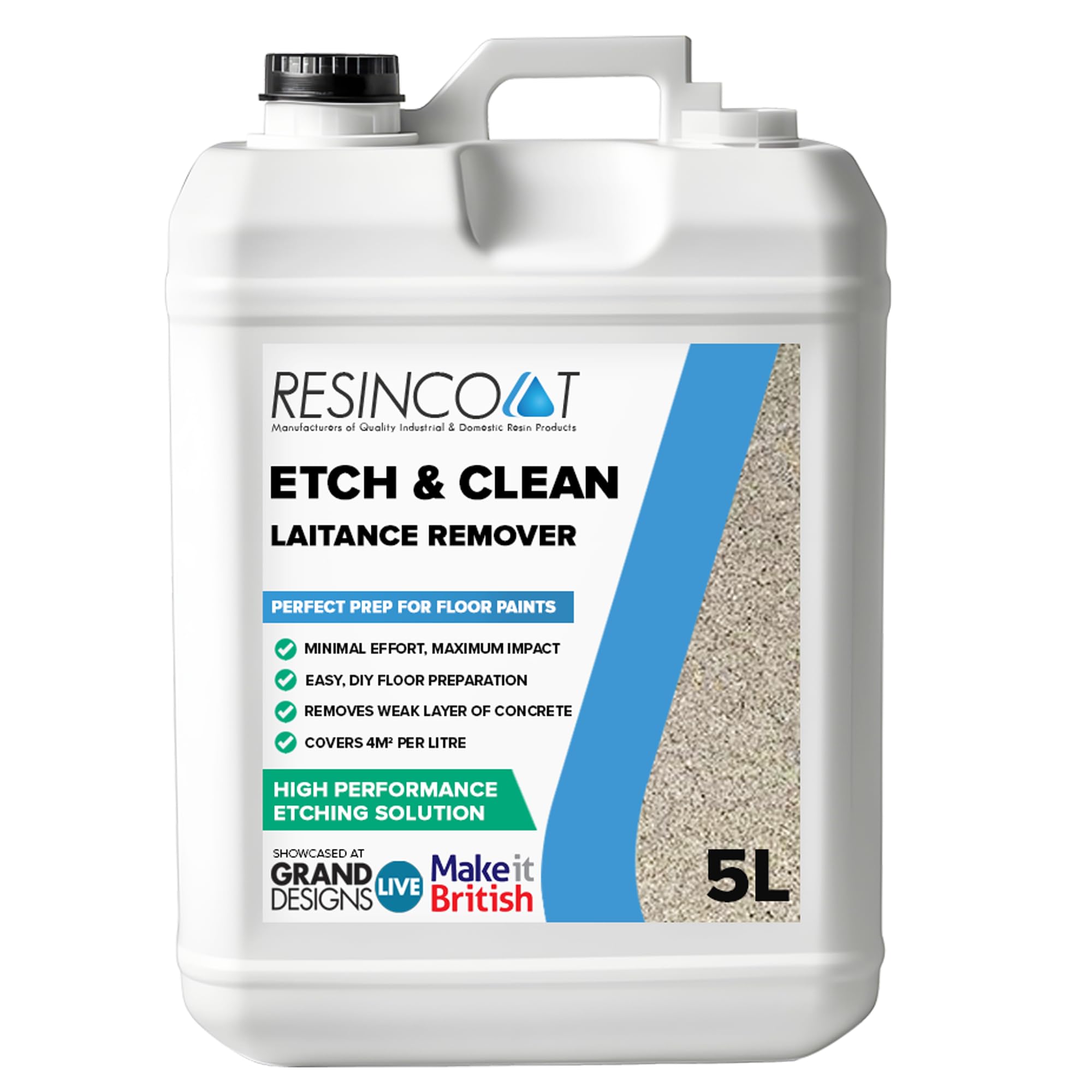 Resincoat - Etch and Clean, Brick and Concrete Cleaner, Laitance Cement Remover for Preparing Floors, Reduces Alkalinity and Neutralizes Surfaces, Changes Colour to Indicate Neutralisation, 5L
