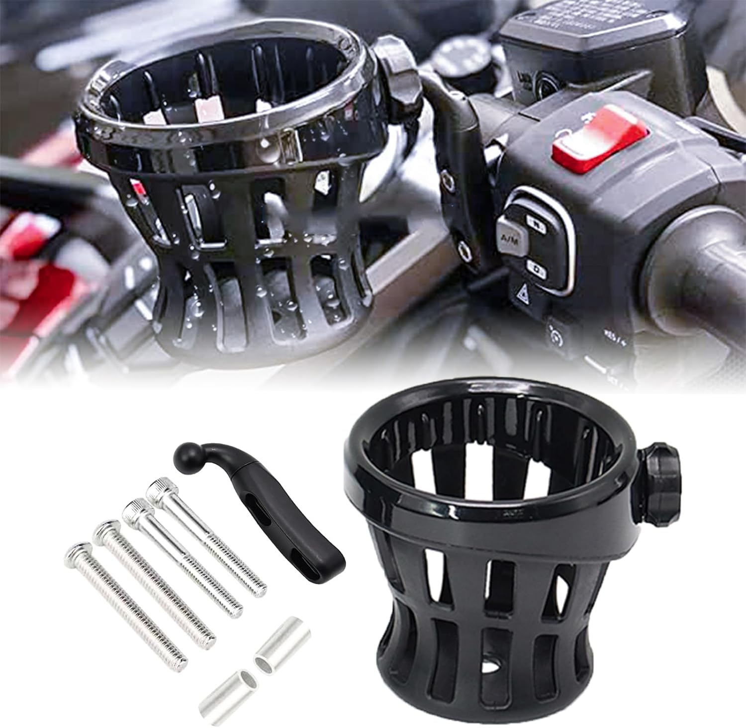 Motorcycle Drink Cup Holders Handlebar Mount with Mesh Basket for Yamaha Kawasaki Suzuki Indian Honda GL1800 GL1500 F6B Universal Water Bottle Holder for Gold Wing (Chrome)