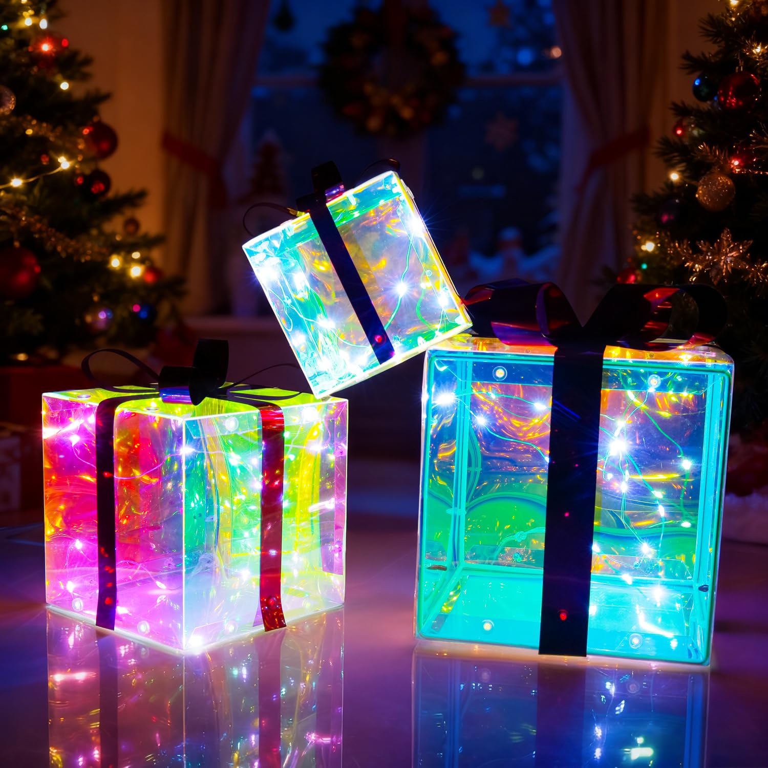 Zestaw świątecznych pudełek upominkowych (3 sztuki) - zasilane przez USB dekoracyjne pudełka prezentowe w różnych rozmiarach do wnętrz ozdoby świąteczne ekspozycje świąteczne na podwórko Boże