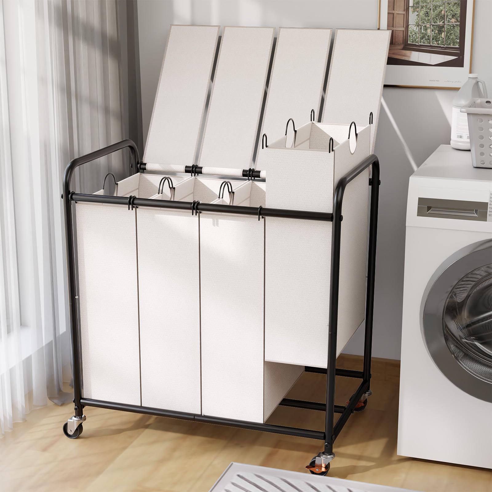 Photo 1 of 180L Laundry Sorter 4 Section – Heavy Duty Rolling Laundry Basket with Lockable Wheels and Lid, 4 Large Separate Removable Bags, Laundry Hamper Cart for Laundry Room Organizer (White)