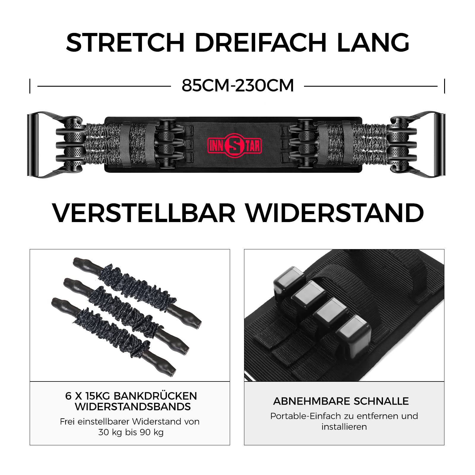 INNSTAR Portable Home Gym, Verstellbares Widerstandsband mit Stange und Kniebeugen-Bändern für Heimtraining, Bankdrücken Brusttrainer Resistance Band Set für Brust, Arm, Beintraining
