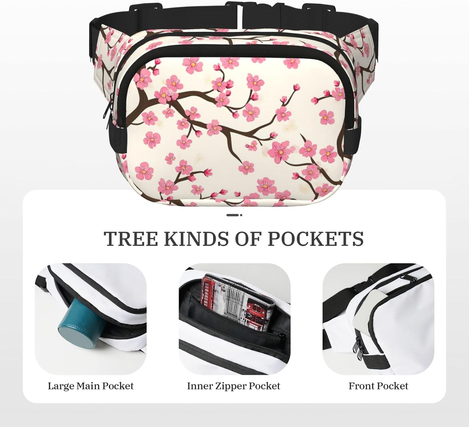 Pink Japanese Cherry Blossom Flowers Fanny Pack for Women Men Fashion Waist Packs with Adjustable Strap Crossbody Belt Waist Bag for Hiking Running Travel