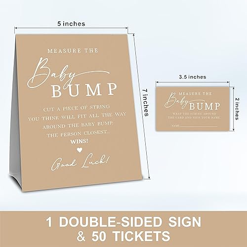 Miniatura 2 de Baby Shower Measure The Baby Bump, juego marrón mide el vientre de mamá 1 letrero de pie y 50 boletos Revelación de género, baby shower, actividad