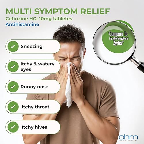 Miniatura 4 de Ohm Cetirizina 10 mg, alivio de la alergia durante todo el día (100 unidades) tabletas antihistamínicas para alergias en interiores y exteriores