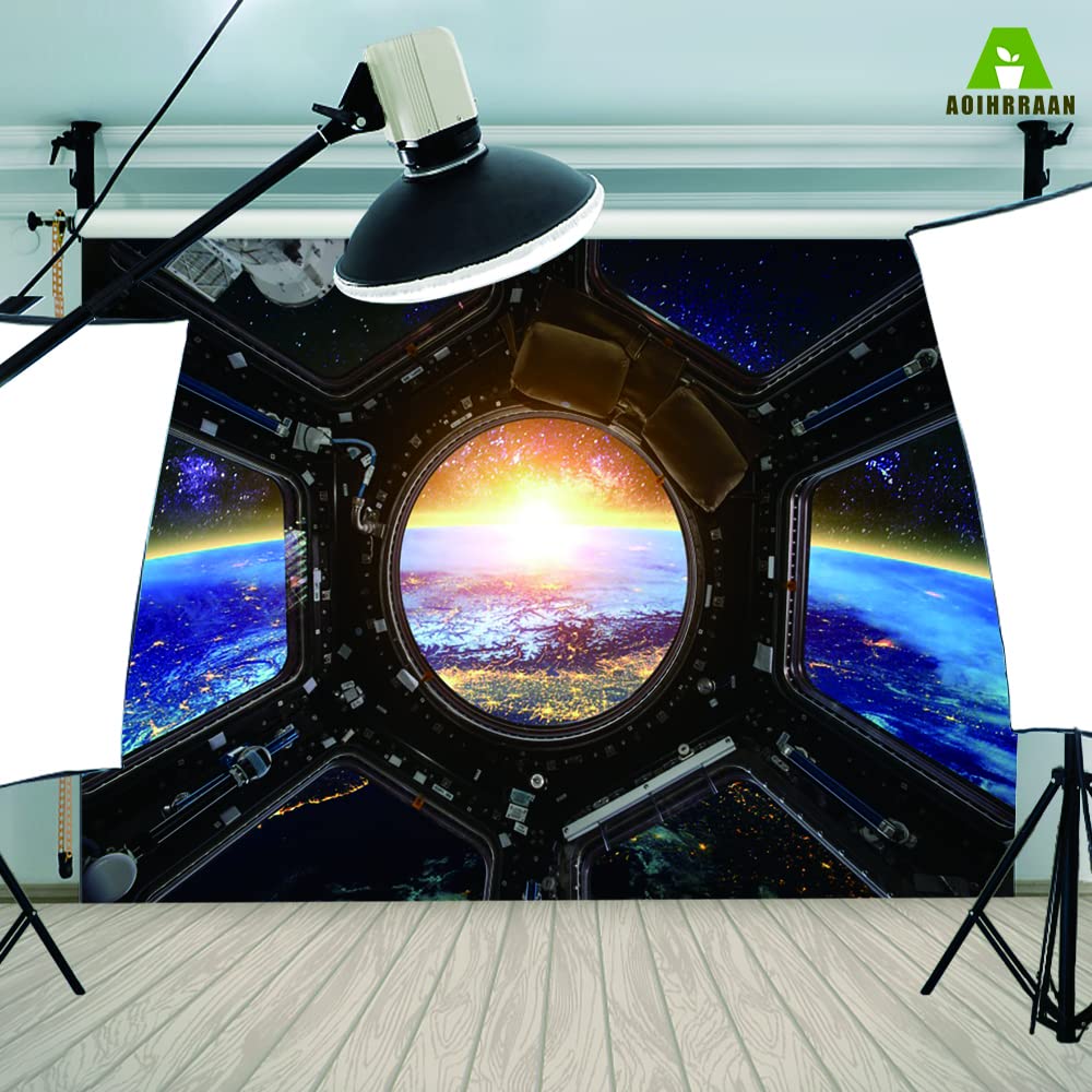 Aoihrraan 3,5x2,5m Astronave Vista Finestra Sfondo Luna Superficie Galaxy Spazio Esterno Fantascienza Fotografia Sfondo Ragazzi Festa di Compleanno Decor Bambini Adulti Astronauta Ritratto Foto Prop