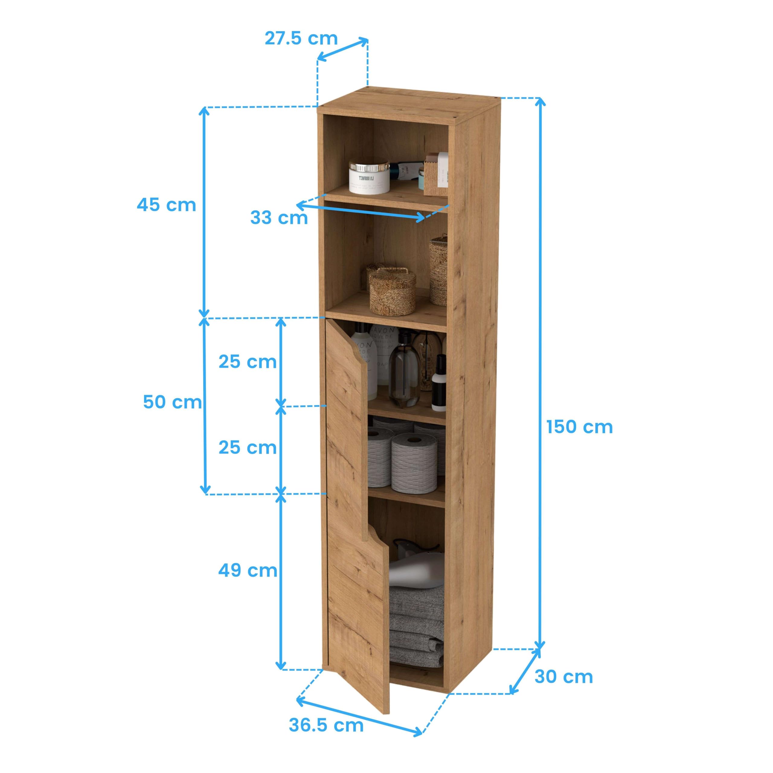 MUEBLES PITARCH | Columna de Baño Colgada Herrajes incluidos, Armario de Baño con 4 estantes, 2 Puertas, Roble Gold, 150x36,5x30cm (Alto x Ancho x Fondo), Mueble Auxiliar, Moderna, Modelo Nadia