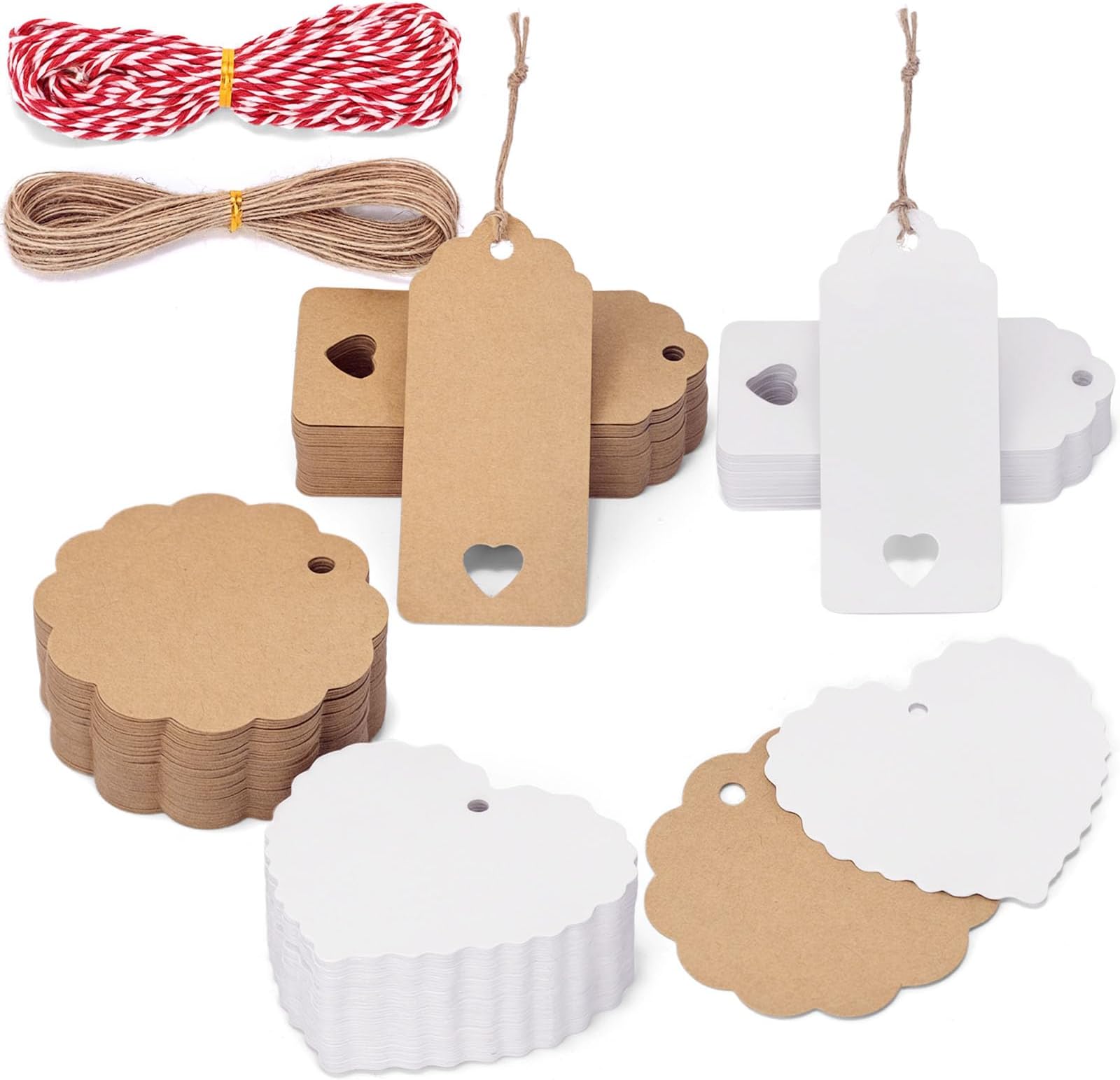 – 200Pack Gift Tags with String Attached, 3 Different Designs White and Brown Blank Labels Gift Tags with Strings Hanging for Wedding Party Favor