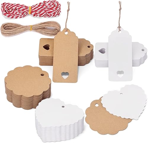 SallyFashion Paquete de 200 etiquetas de regalo con cuerda adjunta, 3 diseños diferentes, etiquetas en blanco y marrón, etiquetas de regalo con