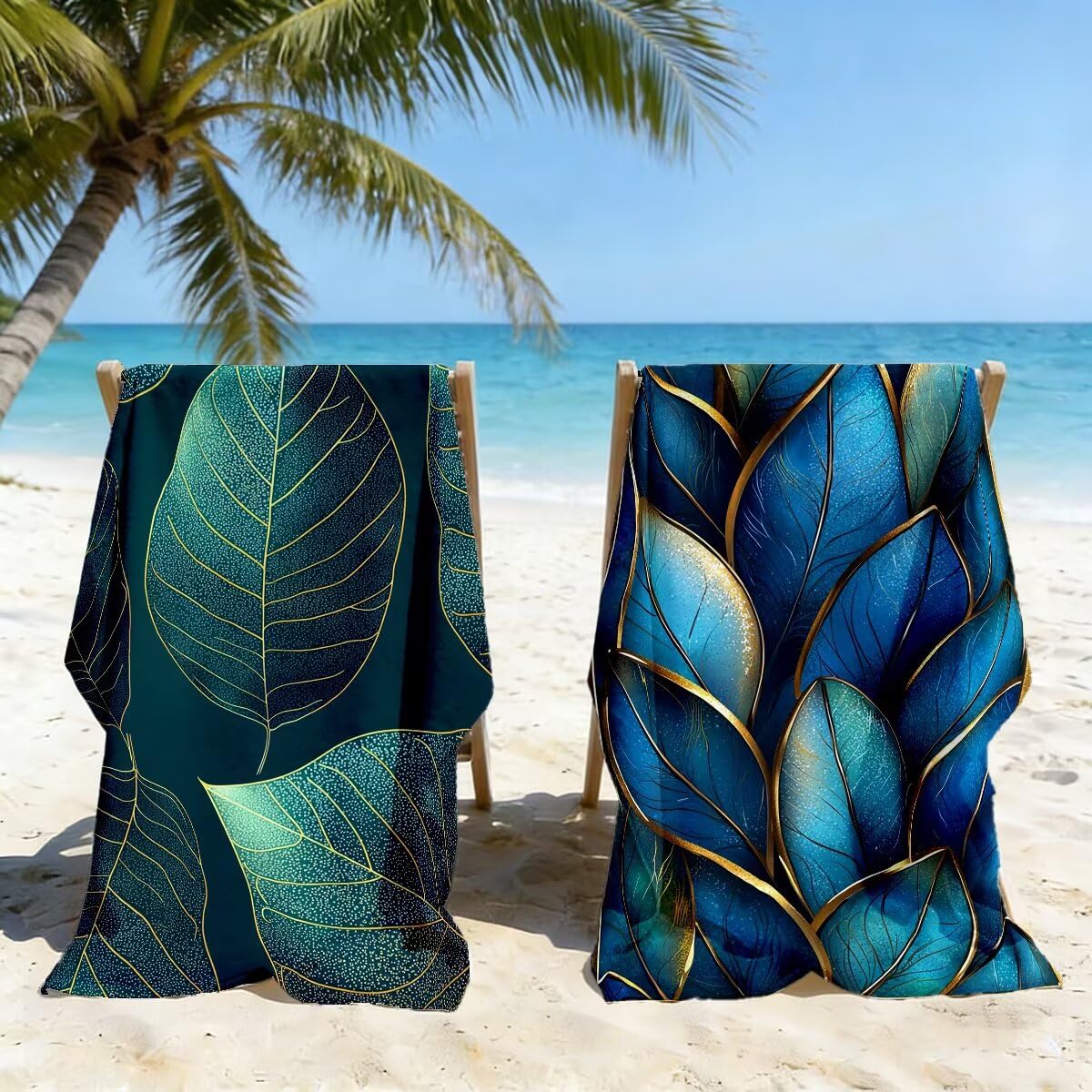 Strandtuch XXL 100x220 cm, Mikrofaser Handtuch 2er Set, Sandfrei Strandtuch, Schnelltrocknend Sporthandtuch Fitnessstudio, Saunatuch Damen Herren Badetuch Groß, Strandhandtuch für Strand (Blatt) -4022