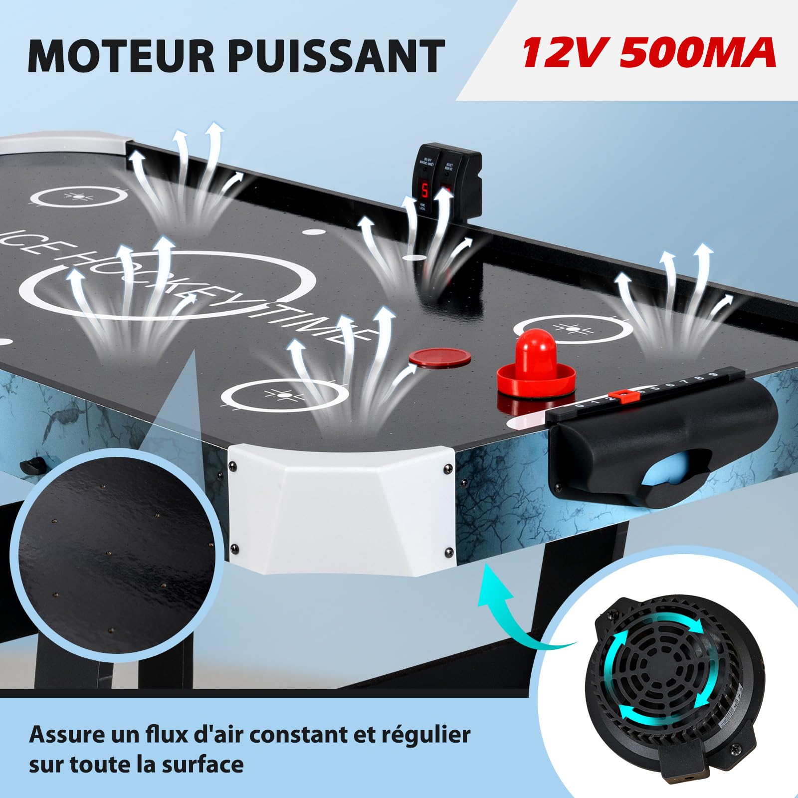 COSTWAY Table de Hockey à Air Pliable avec Marqueur Électronique LED & Ventilateur 12V, Table de Jeu Compact de 144cm avec 2 Palets & 2 Poussoirs, Air Hockey pour Adultes et Enfants