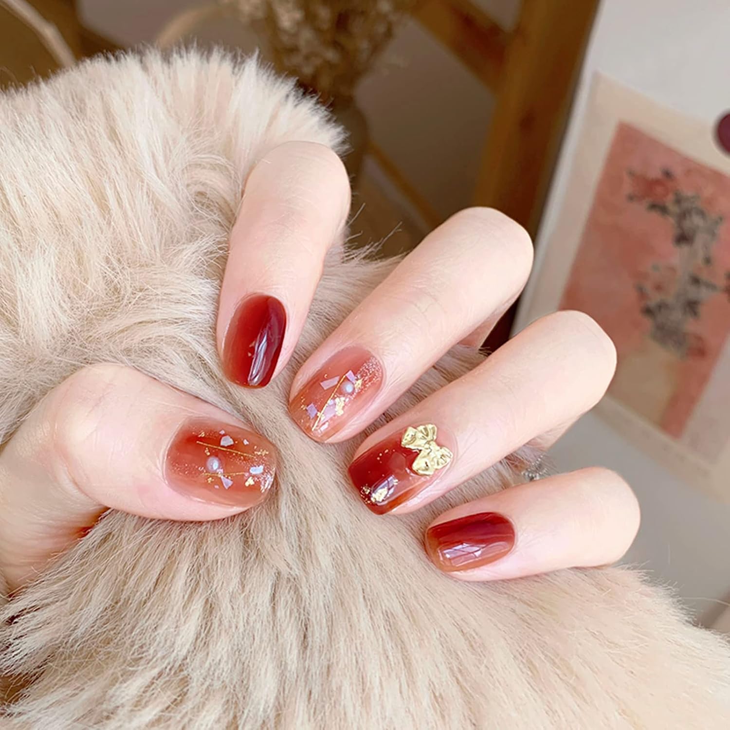 LIGHT RAIN Press on Nails Short - Sangria, 3D Luxury Reusable Seven Layers Gel UV Finish False Nails, Handmade Nail Art with Design by Licensed Manicurist, Short Square Shape, Medium Size