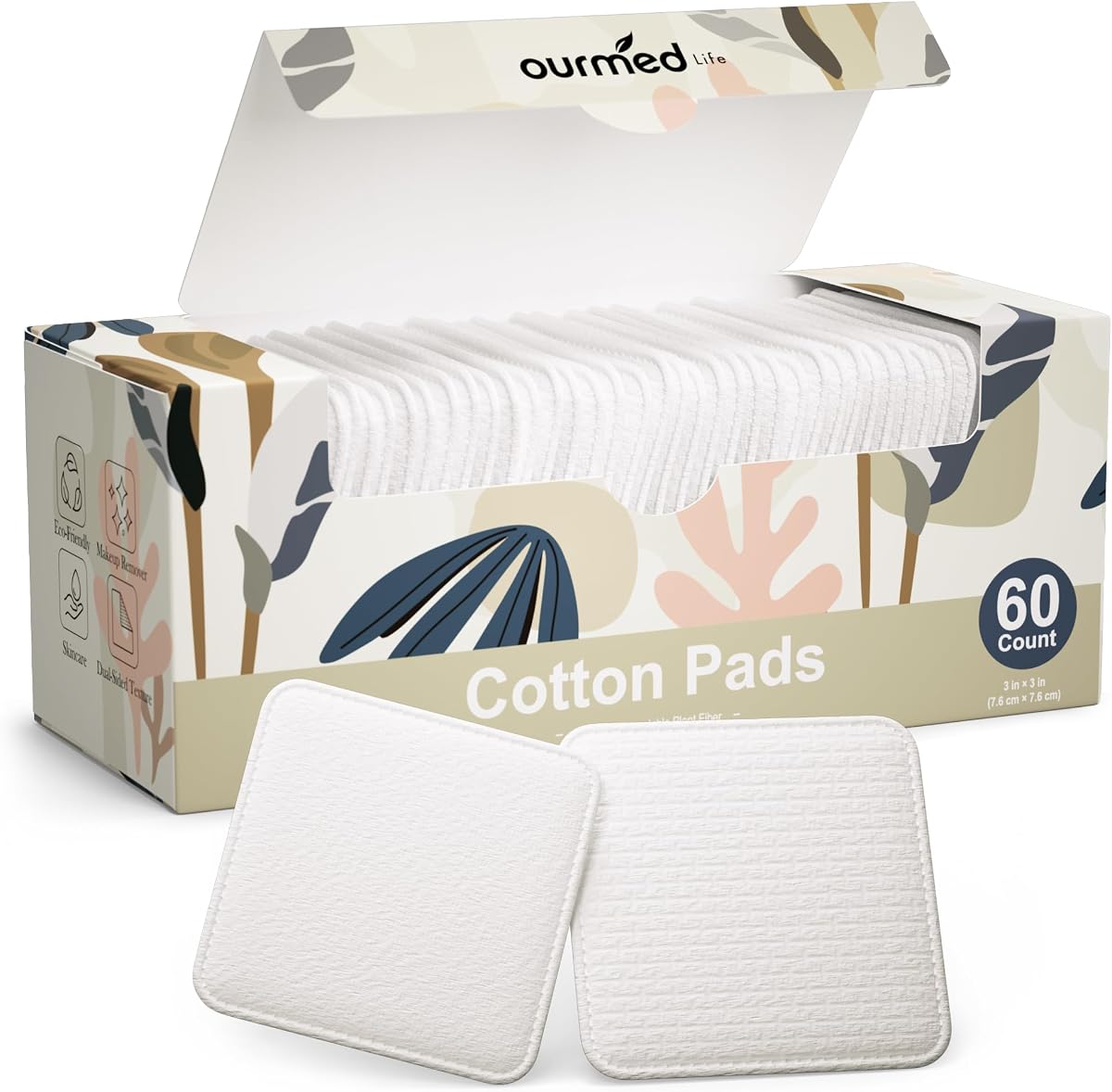 Ourmed Life Large Cotton Pads for Face, 3 x 3 Makeup Remover Pads, 60 ct | 3 Layer, Thicker, Durable,Soft, Lint-Free, Pressed Seams, Plant-Based, Dual-Sided Texture, Tear-Resistant Design, Organic