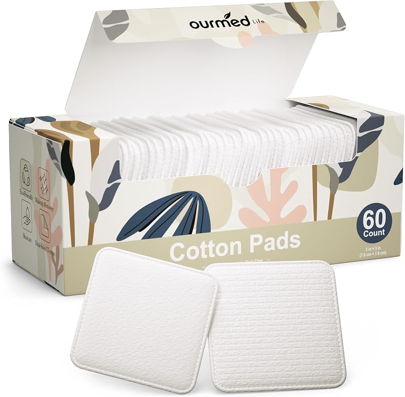 Ourmed Life Large Cotton Pads for Face, 3 x 3 Makeup Remover Pads, 60 ct | 3 Layer, Thicker, Durable,Soft, Lint-Free, Pressed Seams, Plant-Based, Dual-Sided Texture, Tear-Resistant Design, Organic