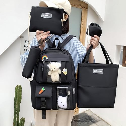 Miniatura 2 de Juego de 5 mochilas kawaii para niñas con bonitos accesorios de oso, suministros escolares, bolsas para bolígrafos, bolsa de hombro, 02-Negro