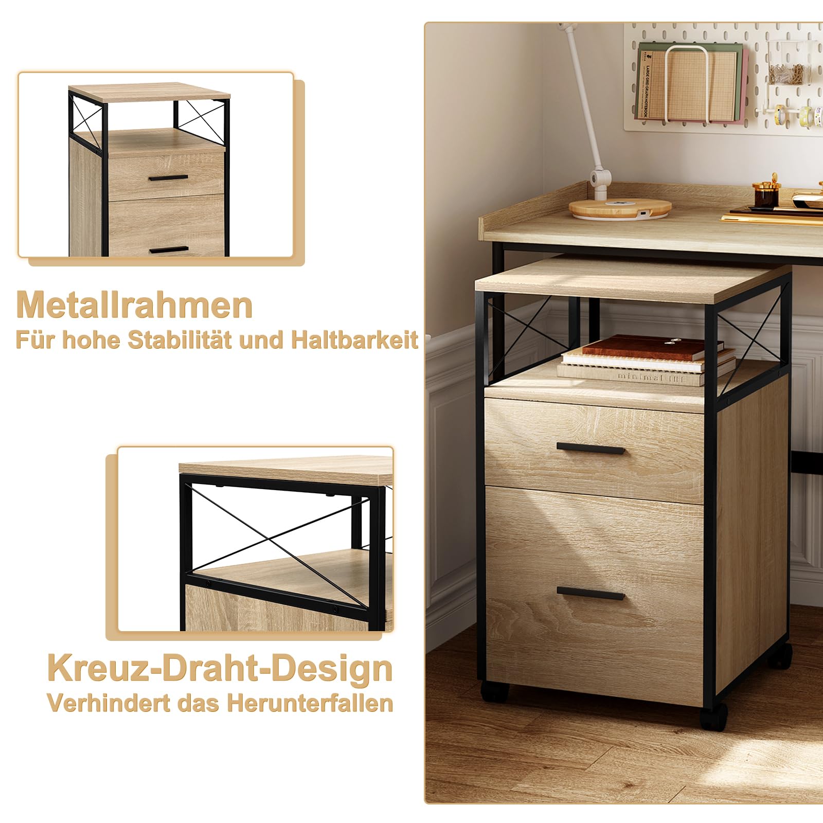WOLTU Caisson de Bureau à roulettes, Armoire Mobile à 2 Tiroirs avec 1 Compartiment Ouvert, Meuble de Rangement pour Dossiers, Documents A4, Effet Bois Clair, 40x40x69cm, ASK09hei