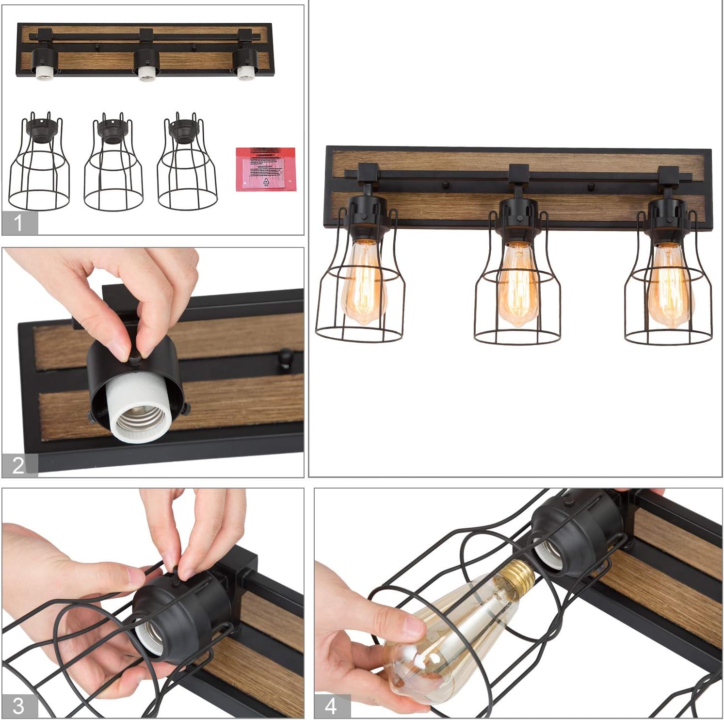 LALUZ Bathroom Vanity Light Fixtures, Farmhouse Bathroom Light Fixtures with Metal Cage, Rustic Vanity Light in Faux Wood Finish, L 22" x W 7.5" x H 11.4"