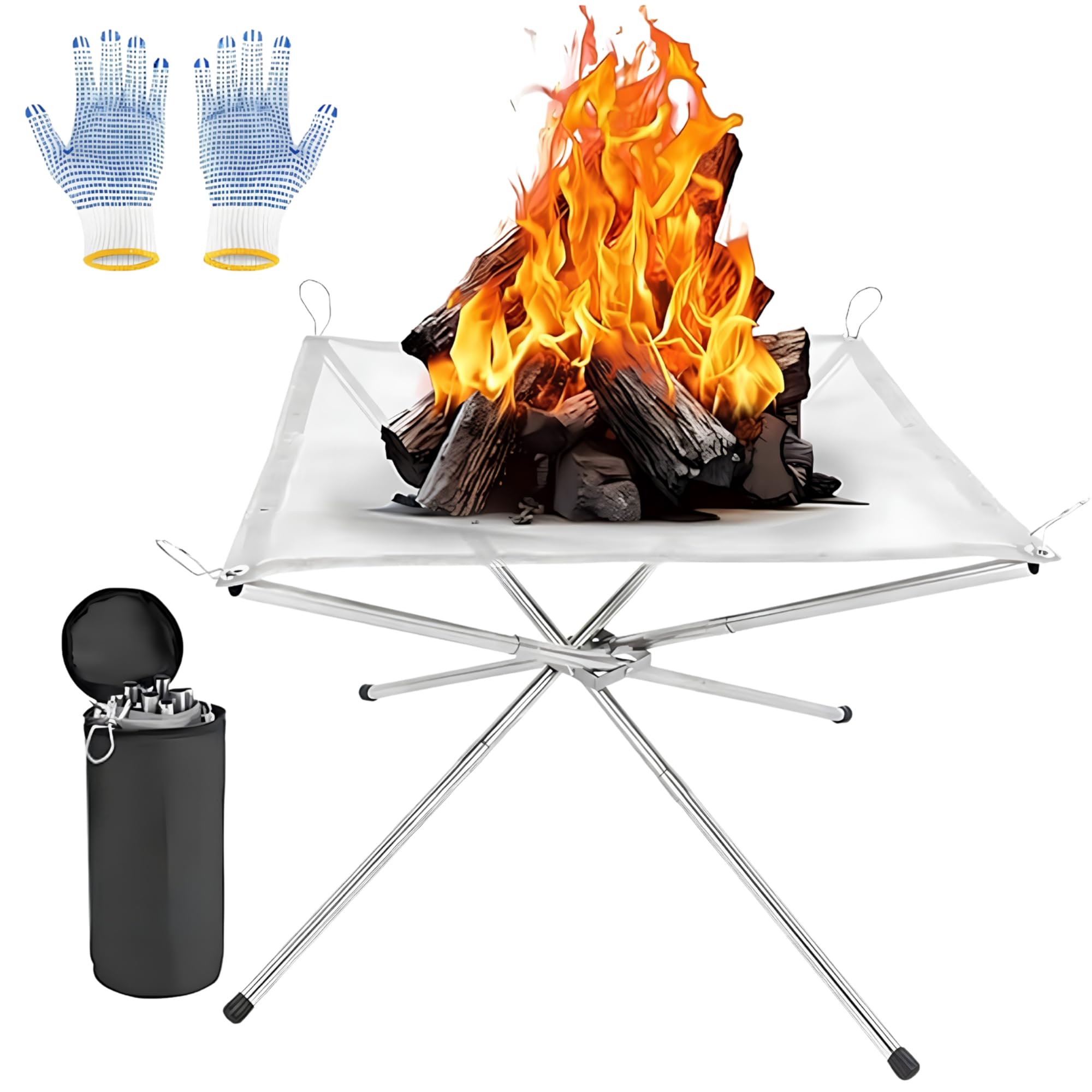 Portable Fire Pit for Camping, Outdoor Foldable Firepit Fireplace with Heat Resistant Gloves & Carrying Bag, Stainless Steel Mesh BBQ Fire Bowl for Picnics, Bonfire, Patio, Backyard, Garden