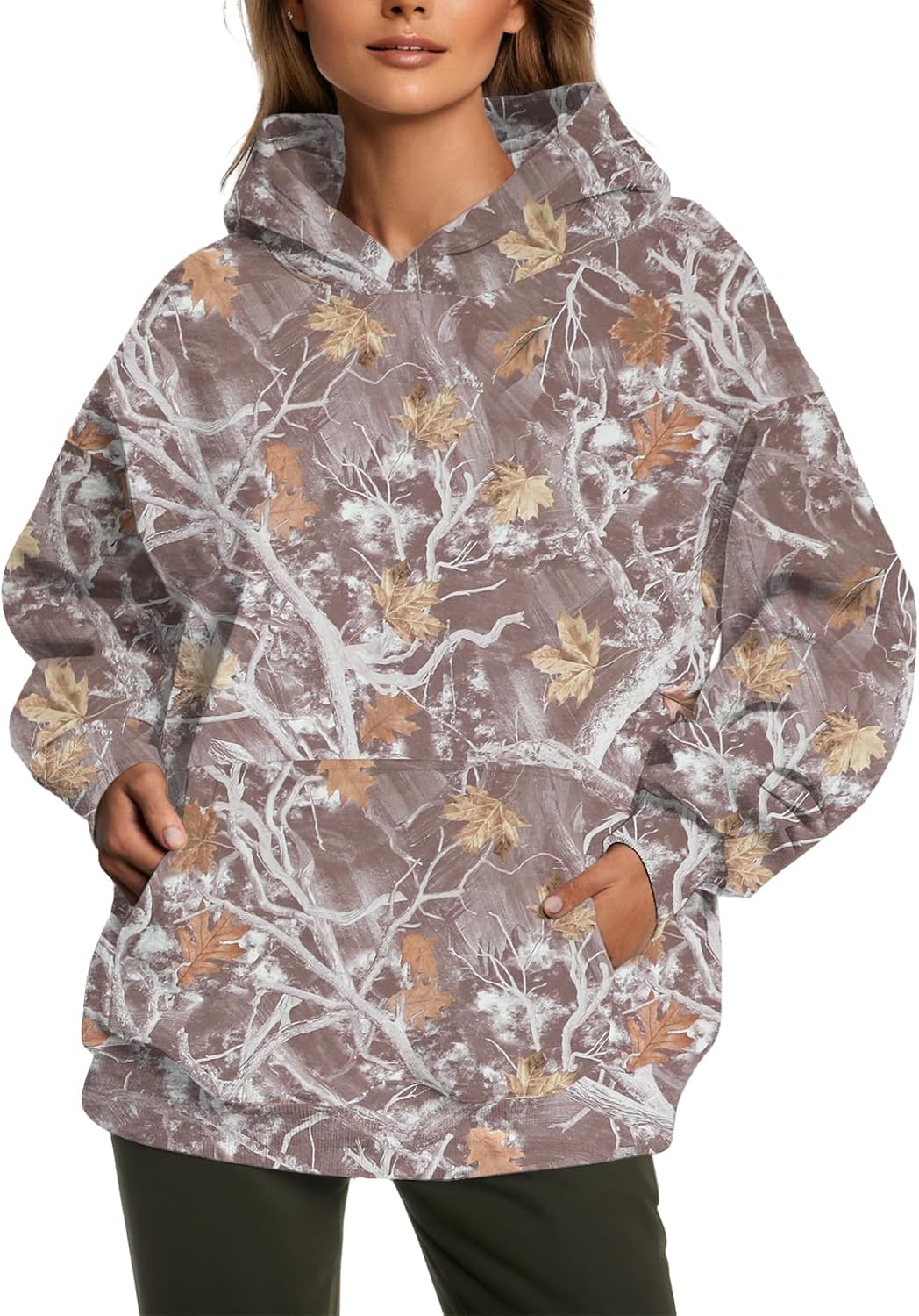 Womens Camo Hoodies Fleece Oversized Hooded Sweatshirts Fashion Tree Leaf Graphic Pullover Tops