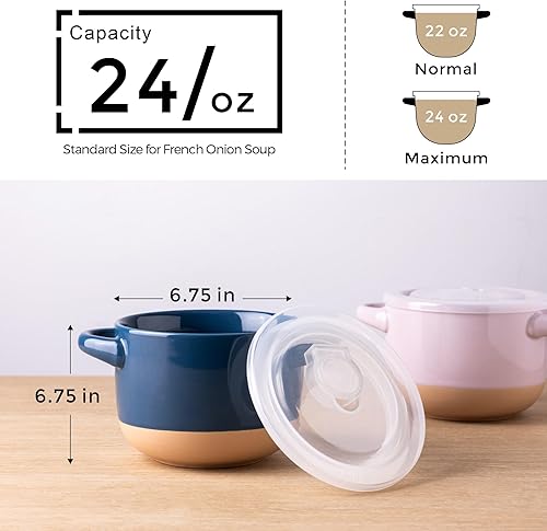 Miniatura 9 de AmorArc Juego de 2 cuencos de sopa de 24 onzas con asas grandes y tapas, cuencos de cerámica para sopa, cereales, guisos, fideos, coloridos cuencos