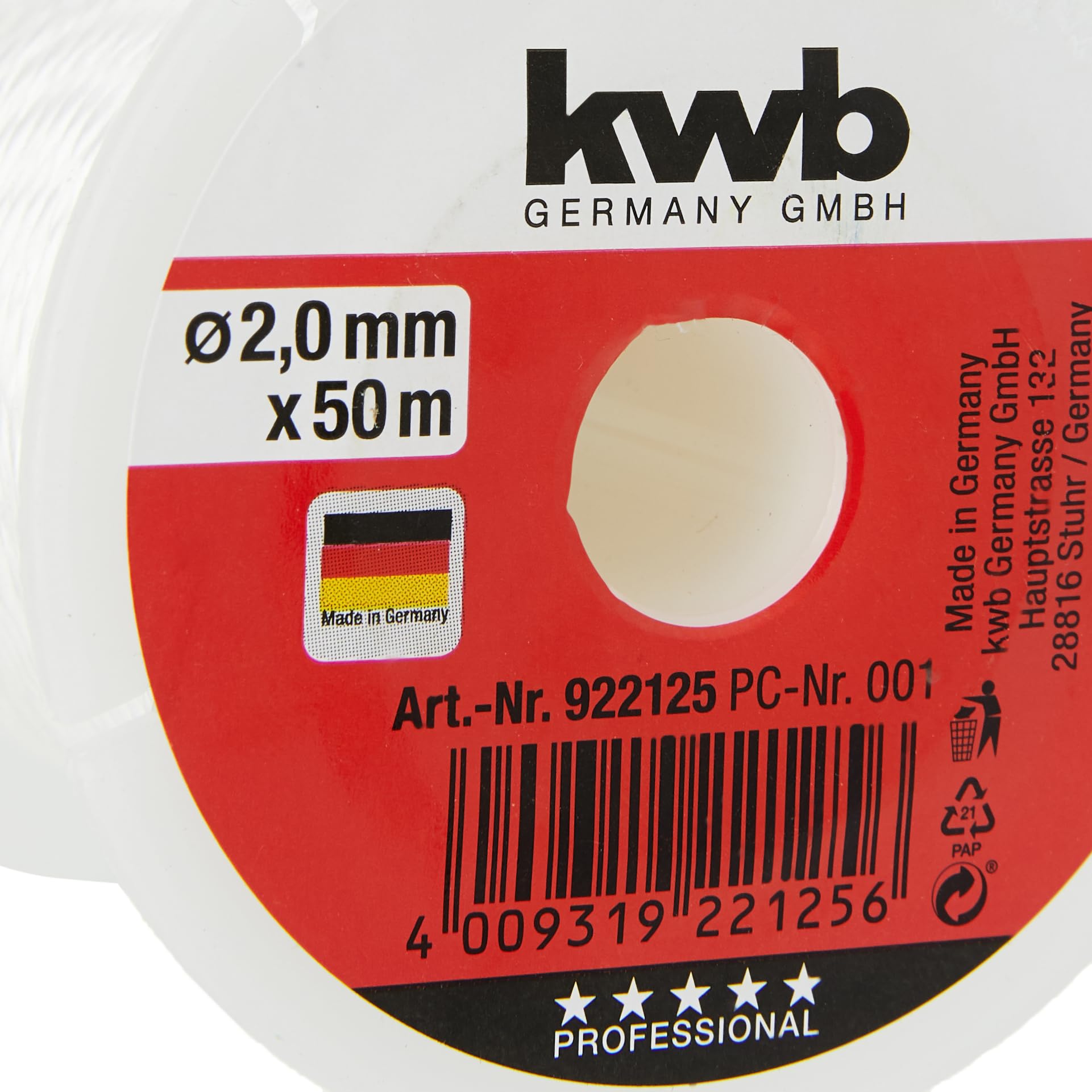 kwb 922125 Corda per muratori 50 metri, bianca, Corda di raddrizzamento per pavimentazione e muratura 2,0 mm, filo a piombo per varie applicazioni, m x