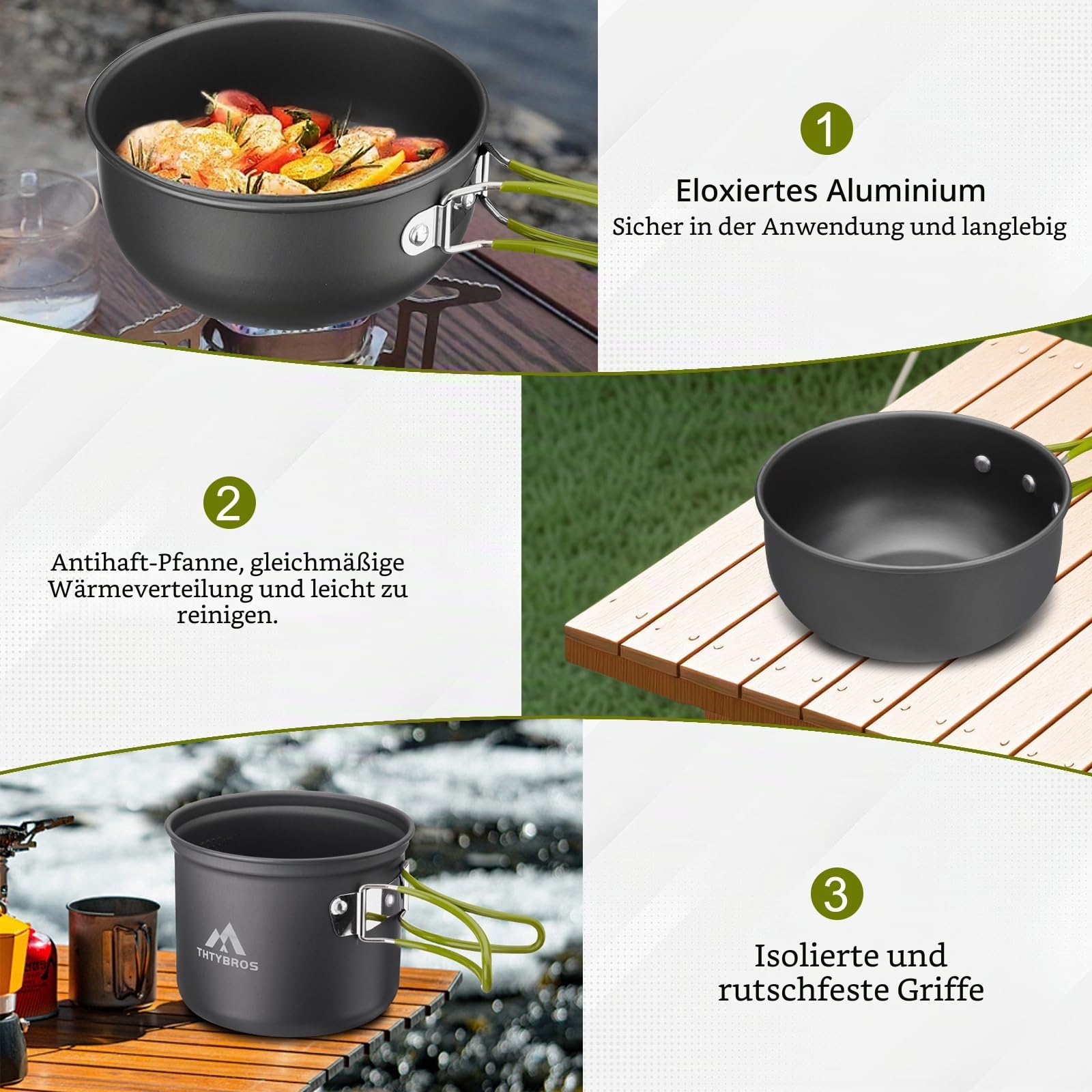 Outdoor Kochgeschirr Set Camping – 1,25 L Topf & 0,65 L Pfanne mit 0,3 L Edelstahlbecher – Leichtes, Robustes Trekking Kochset mit Besteck für Wandern, Backpacking, Picknick & Solo Camping