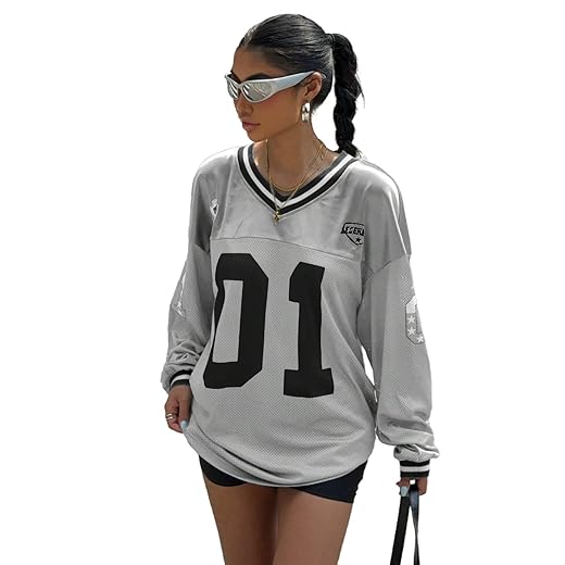 Floerns jersey shirts for women letter print mesh y2k top long sleeve soccer t-shirt