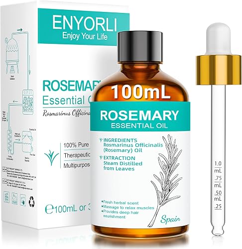 ENYORLI Aceite Esencial de Romero 100 ml con Gotero para Difusor y Masaje | Aroma Herbal Fresco para Aromaterapia Cuidado Capilar piel Siempre Diluido Masaje con Aceite Portador Mezclas DIY y Hogar