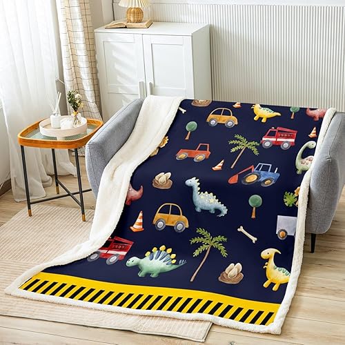 Manta de franela de dibujos animados para niños, bonita manta mullida de dinosaurio con grúa de dinosaurio, camión de bomberos, excavadora, para