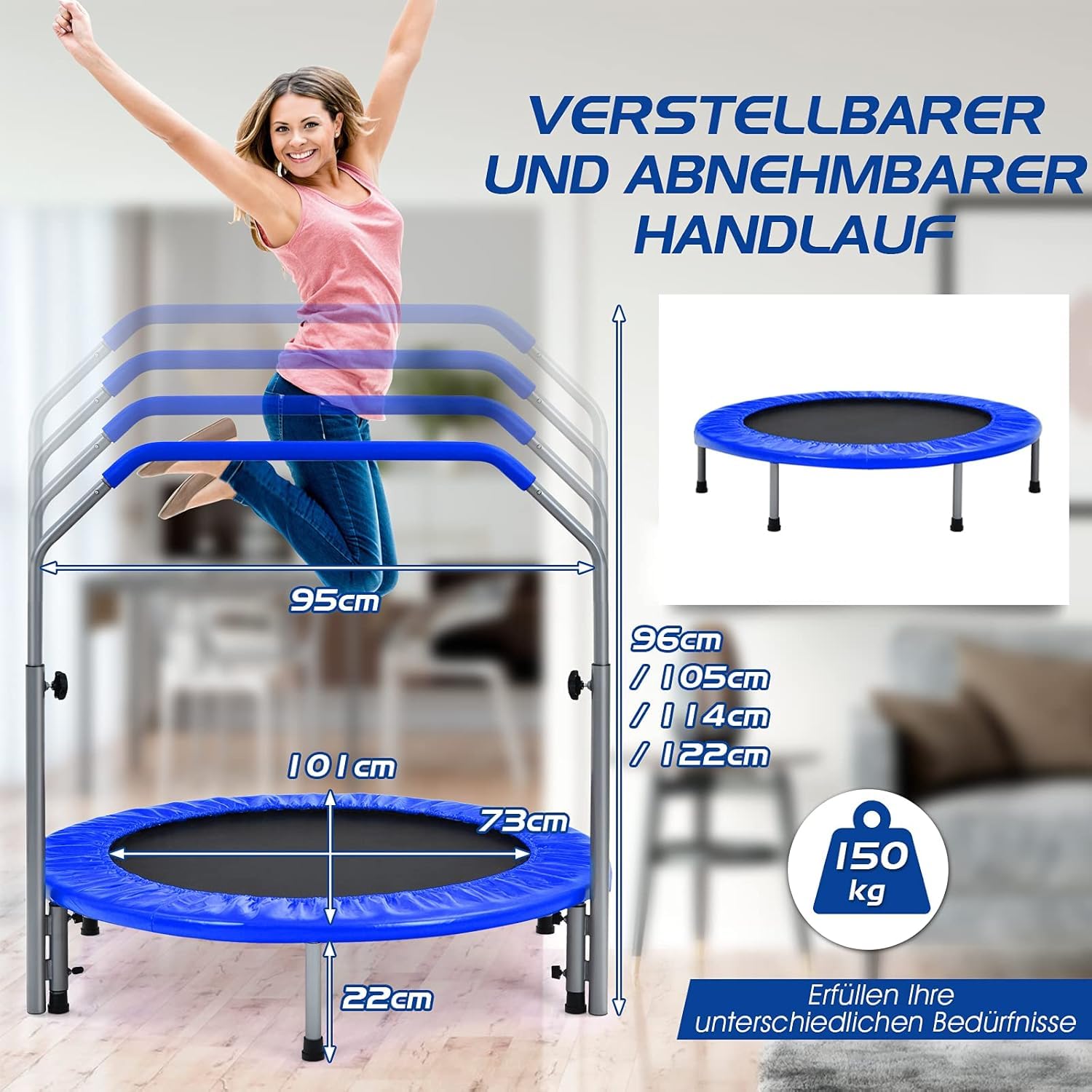 FANTASK φ101 cm mini trampolina, obciążenie do 150 kg, składana, trampolina ogrodowa dla dorosłych i dzieci, z uchwytem o regulowanej wysokości