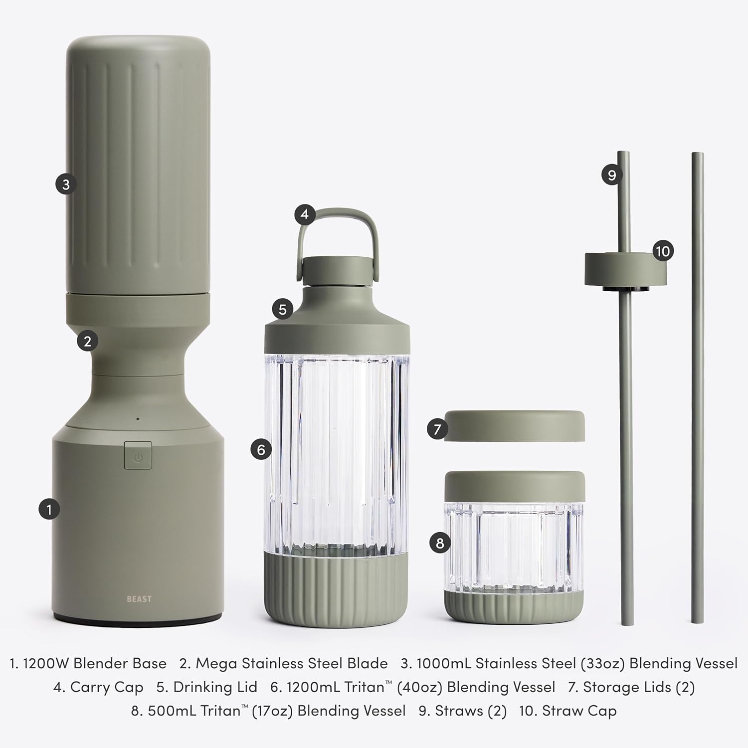 Beast Mega 1200 Stainless Steel | Premium Countertop Blender | Smoothies, Shakes, Sauces, Dips | Lg Servings | Blends Ice + Frozen Fruit | Double-Wall Insulation | Extra Vessels | 1200W (Sage)
