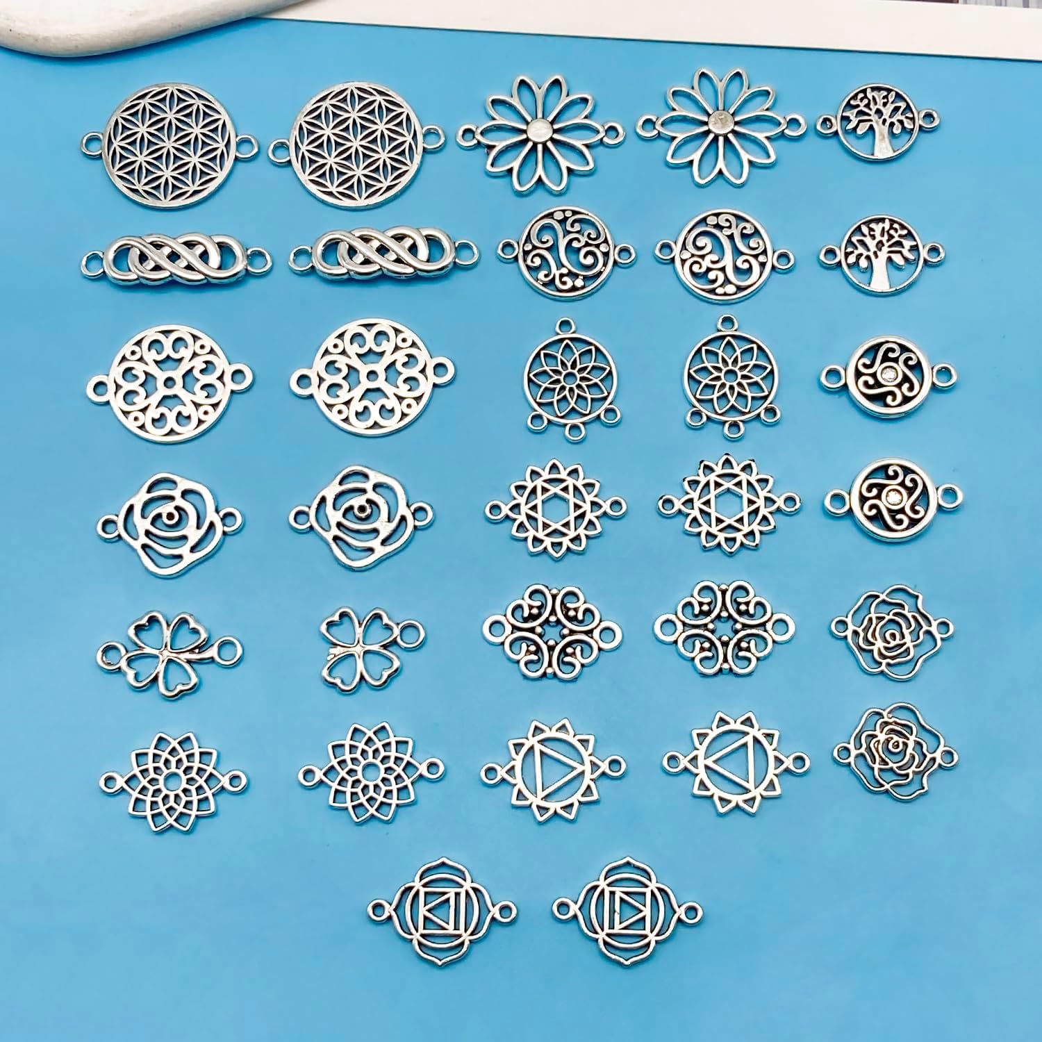 Youdiyla 90pcs Alloy antique silver hollow flower set series Pendant Jewelry Making DIY Keychain Earrings Pendant Various Design Charms for Jewelry Making Bracelets Necklace (SN44) - Image 2