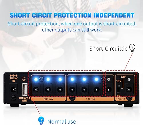 Miniatura 7 de JOYO Batería recargable incorporada de 4400mAh con pedal de efecto de guitarra, fuente de alimentación 8 salidas 9V 12V 18V (100mA, 500mA) Jacks y