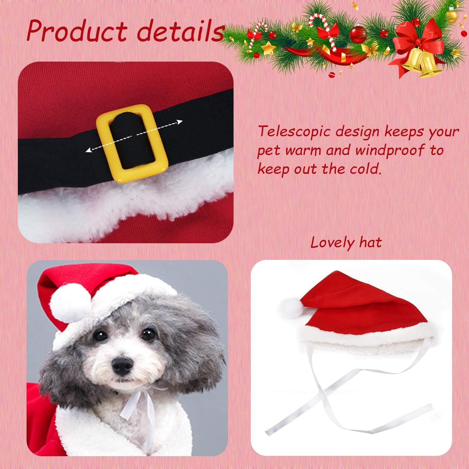 Irayin Pet Clothes Dog Cat Christmas Suit Cloak - Santa Claus(M) Christmas Costume, Medium - Image 3