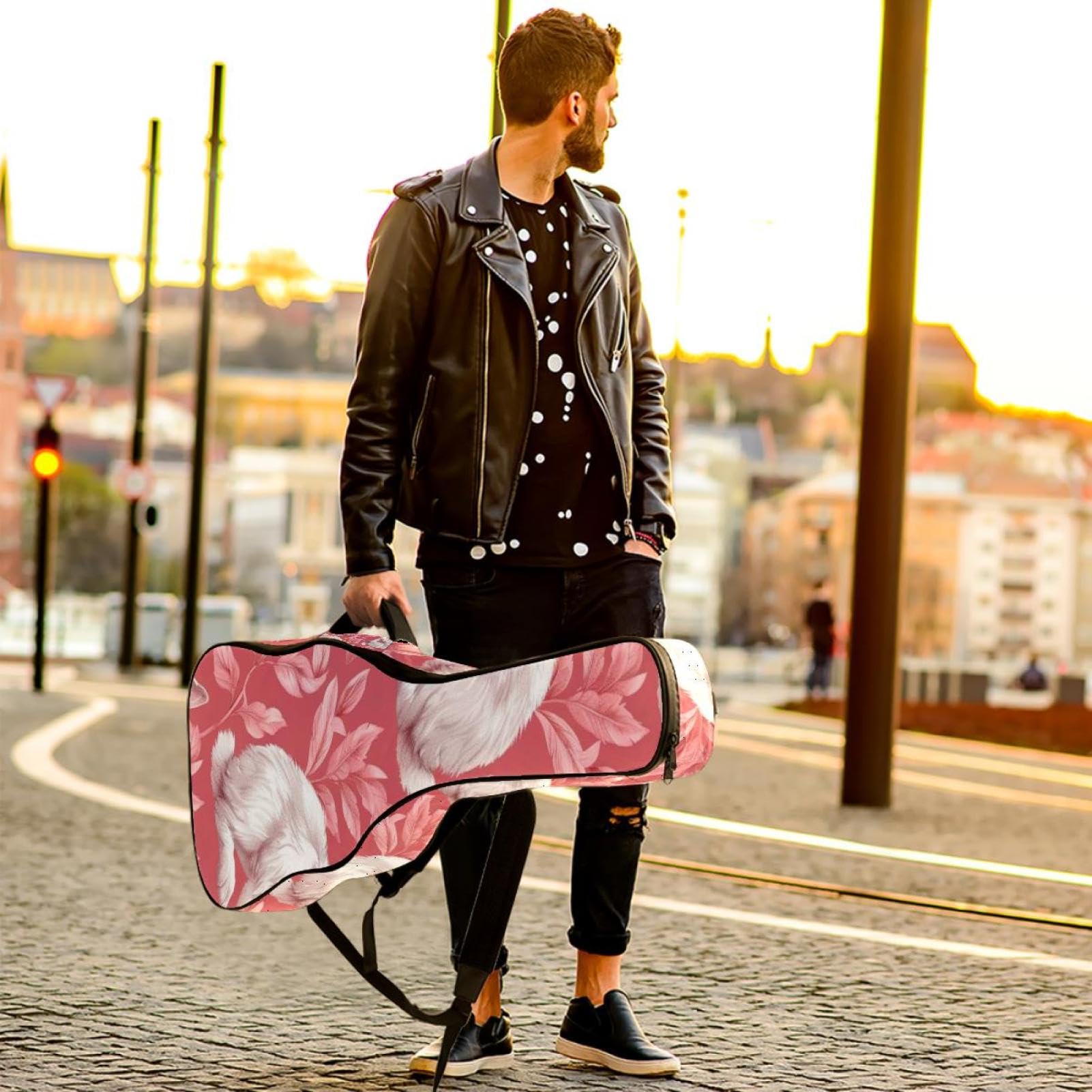Aesthetic Pink Rabbit Akustikgitarrentasche mit 2 Taschen, verstellbarem Schultergurt und Rückenaufhänger, geeignet für E-Gitarren, Bassgitarren und klassische Gitarren, Ästhetisches rosa Kaninchen,