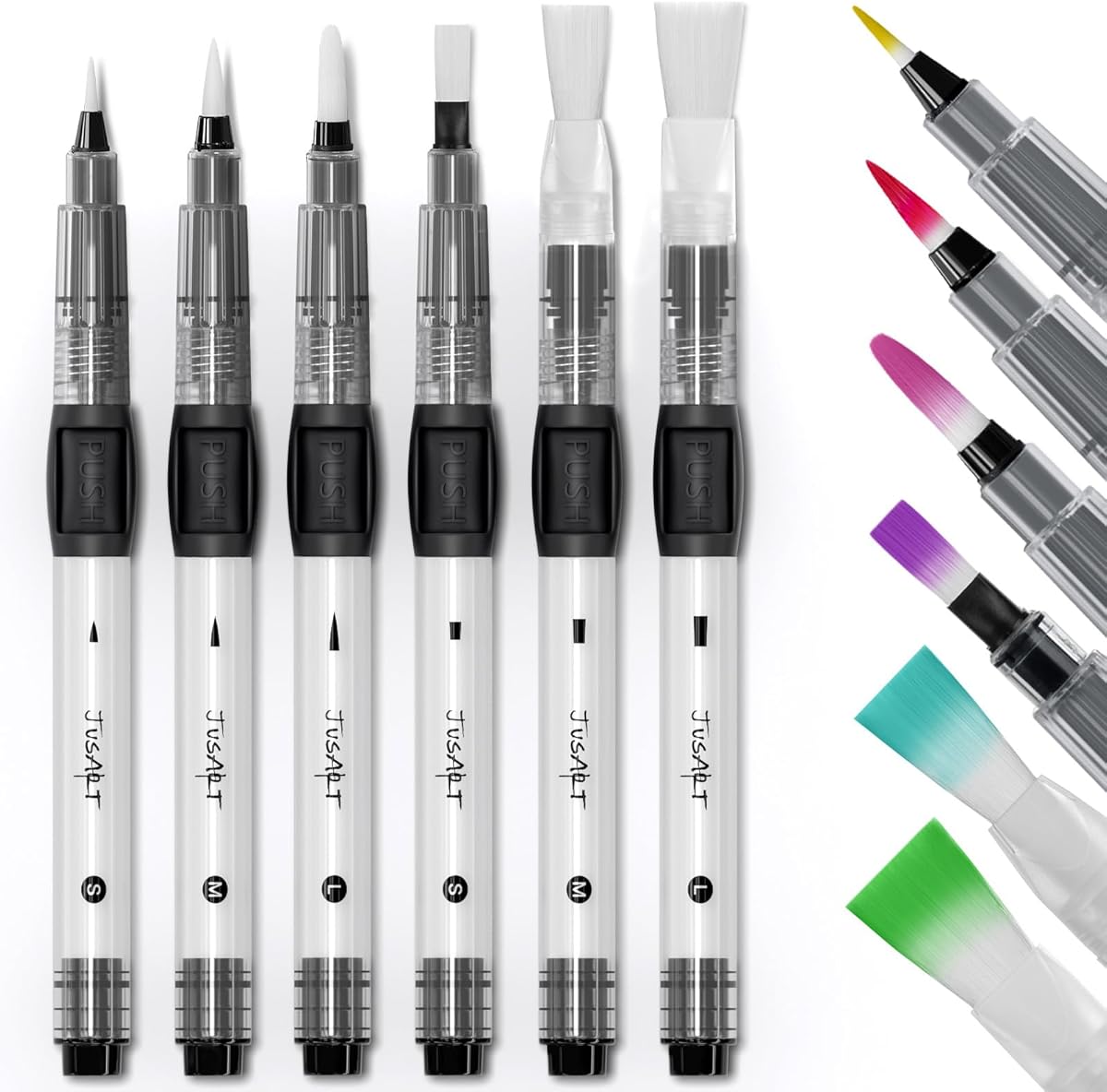 JusArt Water Brush Pens 6-Pack Leak-Proof Refillable Watercolor Pens for Acrylic and Gouache Painting - Includes Pointed & Flat Tip Styles - Portable Water Brushes for Artists, Beginners, Kids