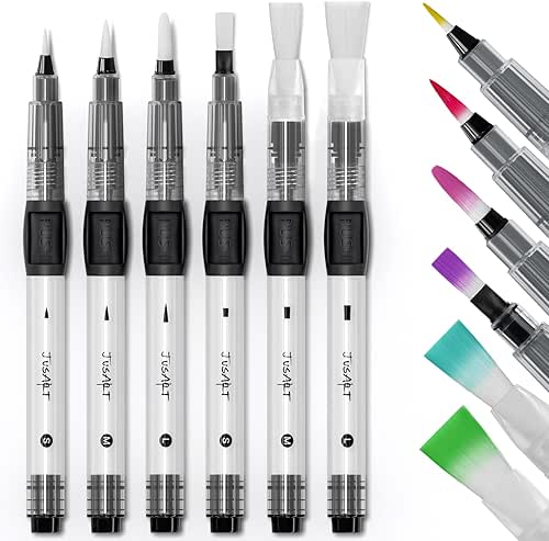 JusArt Water Brush Pens 6-Pack Leak-Proof Refillable Watercolor Pens for